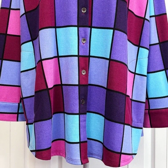 Denim & Co. Bold Colorful Check Print Knit Button Down Tunic Shirt 1X - Picture 9 of 16